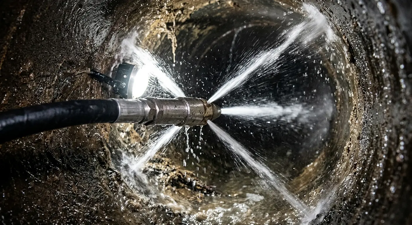 High-pressure hydro jetting nozzle cleaning sewer pipe for Sewer Line Relining in Lacey