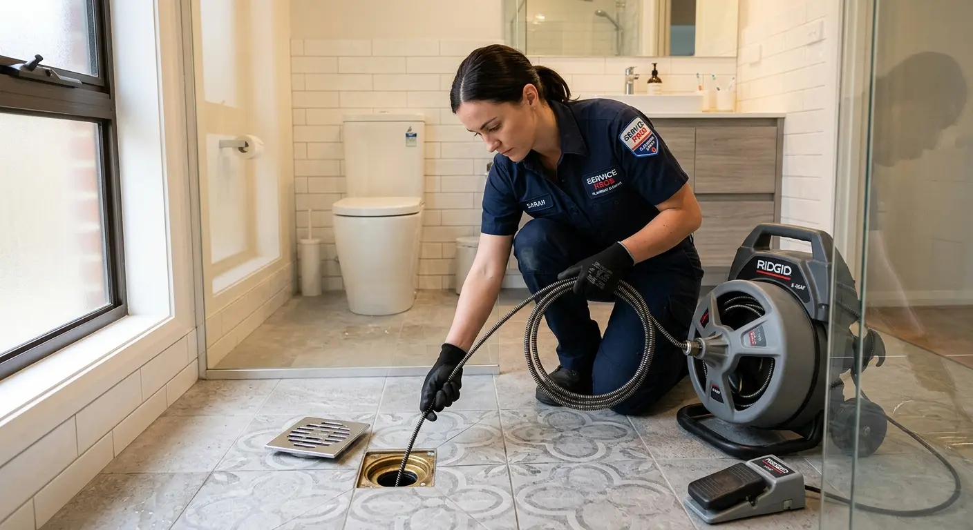 Technician clearing a bathroom floor drain for Drain Cleaning in Lacey